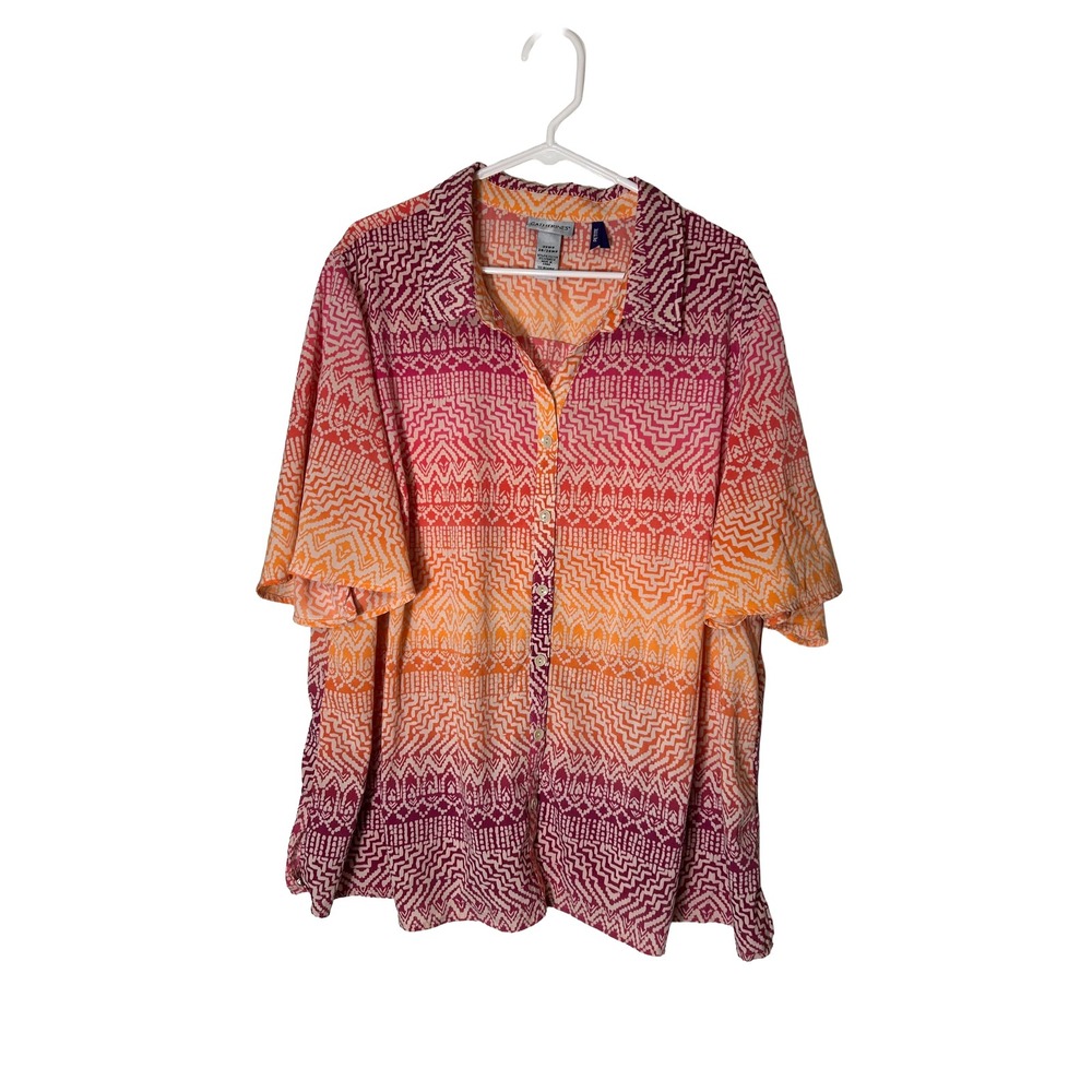 Catherines Petite 3XWP Orange Pink Print Short‎ Sleeve Button Down Shirt